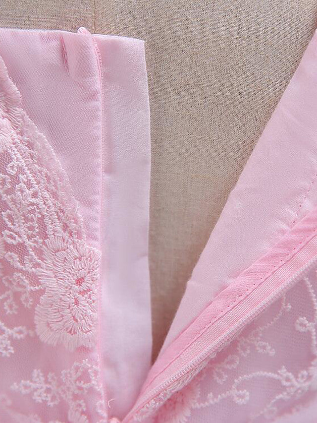 Cap Sleeve Square Neck Flower Girl Dress with Lace Tulle Cotton and Lace Belt