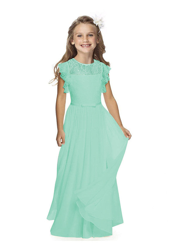Short Sleeve Jewel Neck Flower Girl Dress with Lace and Butterfly