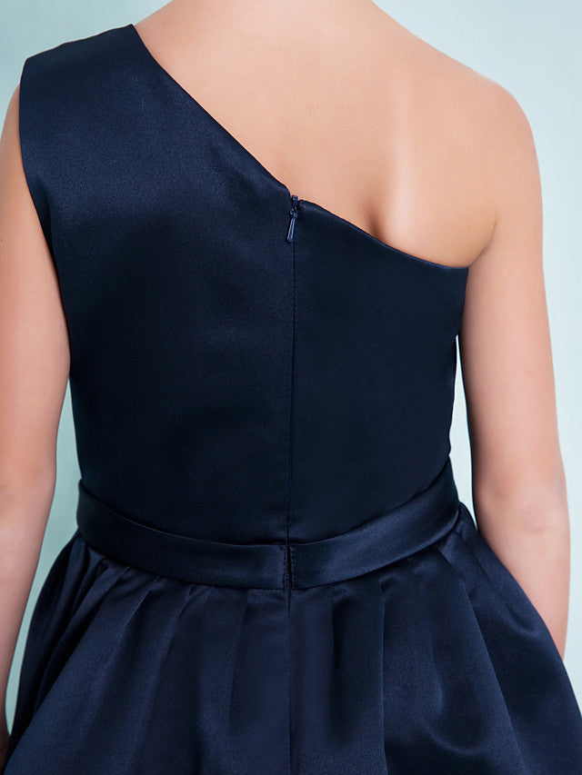 One Shoulder A-Line Satin Junior Flower Girl Dress with Sash Ribbon Pleats and Knee Length Fit