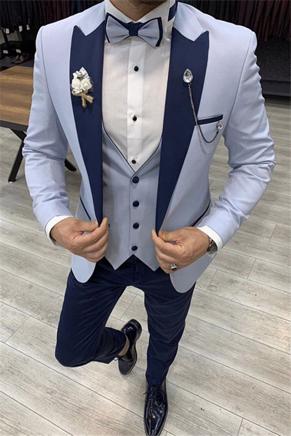Popular Sky Blue Peaked Lapel Slim Men's Three-Piece Suits