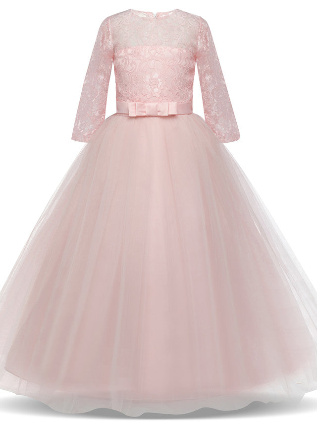 Half Sleeve Jewel Long Length Flower Girl Dress with Lace Tulle and Lace Belt Bow