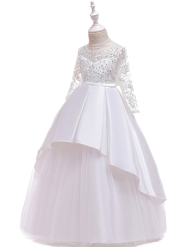 Gorgeous Long Sleeve Jewel Neck Flower Girl Dress with Tulle Satin Crystals and Lace Belt