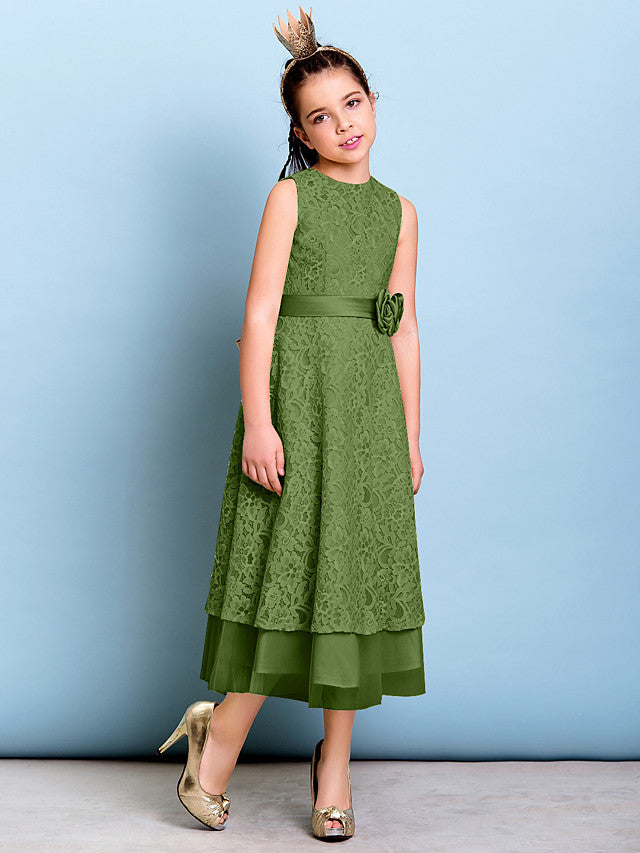 A-Line Jewel Neck Tea Length Floral Lace Junior Bridesmaid Dress with Sash & Accessories