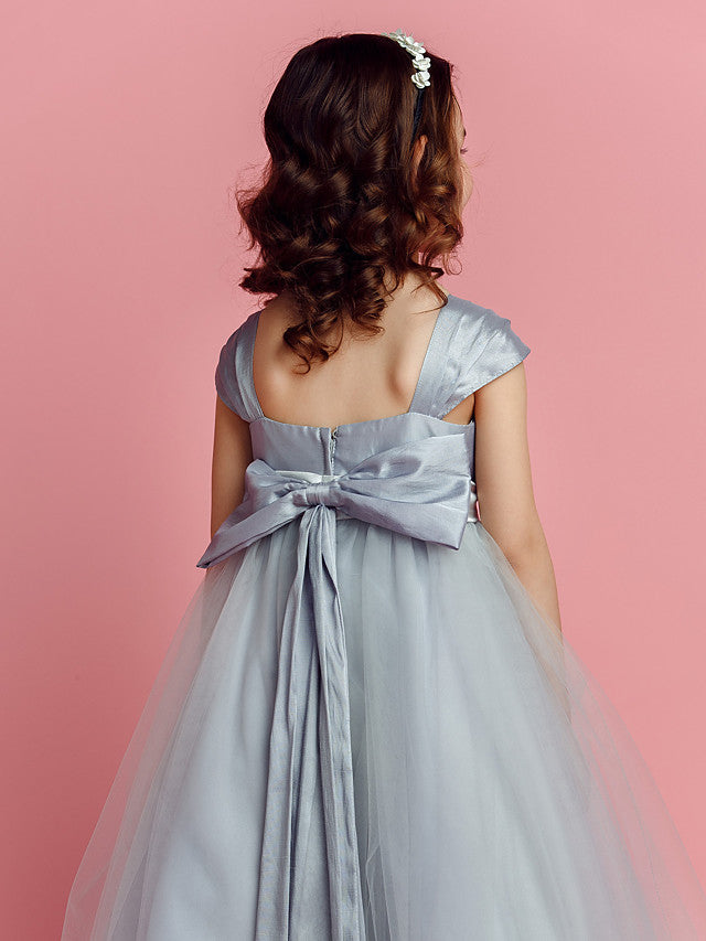 Short Sleeve Square Neck Ball Gown Pageant Dress with Taffeta Tulle Sash Ribbon & Bow