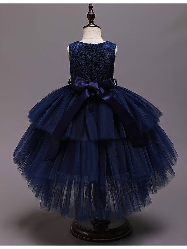 Asymmetrical Jewel Flower Girl Dress with Sleeveless Tulle and Belt - Crystals and Rhinestones