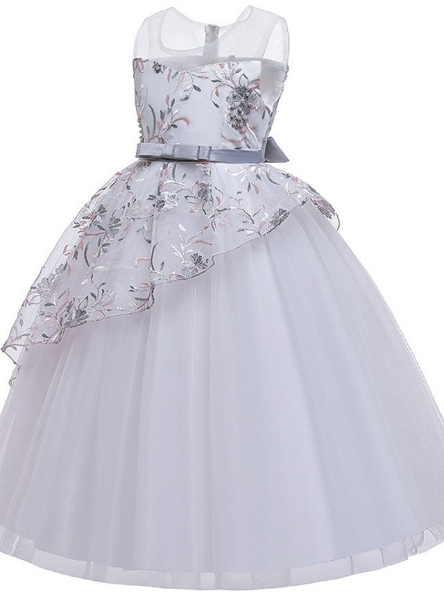 Gorgeous Sleeveless Ball Gown Flower Girl Dress with Tulle Sash Ribbon and Embroidered Bow