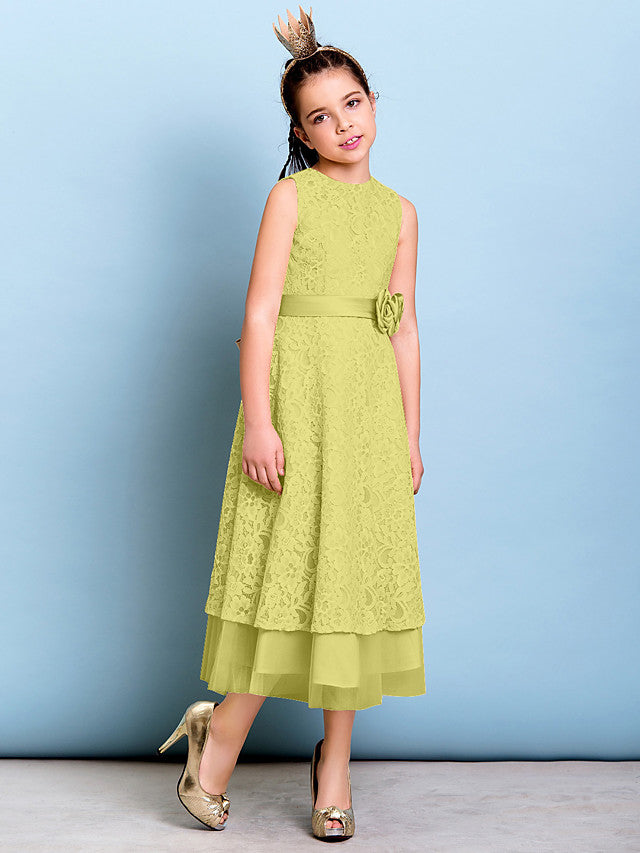 A-Line Jewel Neck Tea Length Floral Lace Junior Bridesmaid Dress with Sash & Accessories