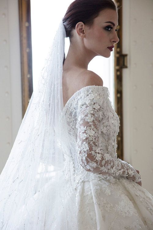Gorgeous Off-the-Shoulder A-Line Wedding Dress with Sweetheart Neckline, Long Sleeves, and Appliques Lace Crystal