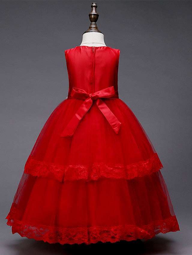 Lace Tulle Polyester Sleeveless Jewel Floor Length Flower Girl Dress With Pearls and Appliques