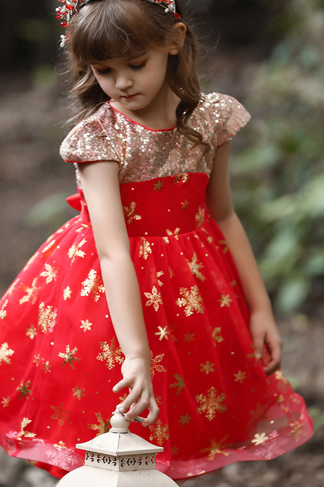 Short Red A-line Glitter Flower Girls Dress with Tulle Appliques