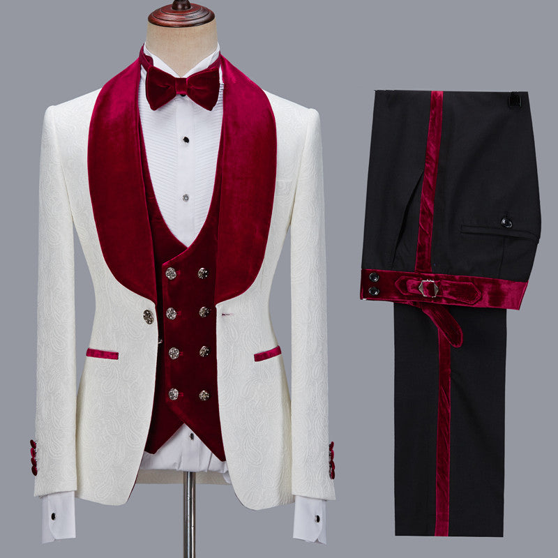Nathanael White Jacquard Velvet Lapel 3 Piece Wedding Groom Suit