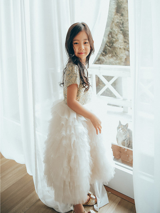 Short Sleeve Jewel Neck Flower Girl Dresses with Tulle & Paillette Sequins