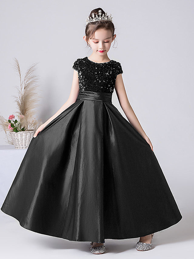 Column Cap Sleeve Jewel Neck Flower Girl Dress with Satin Pleats and Sequins