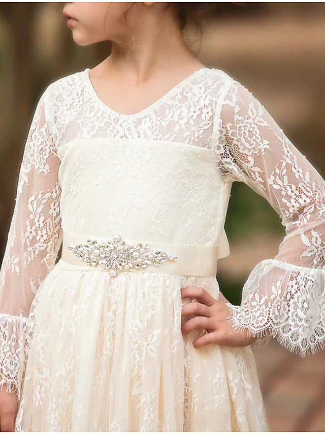Long Sleeve V-Neck Ball Gown Flower Girl Dress with Lace Bow Appliques