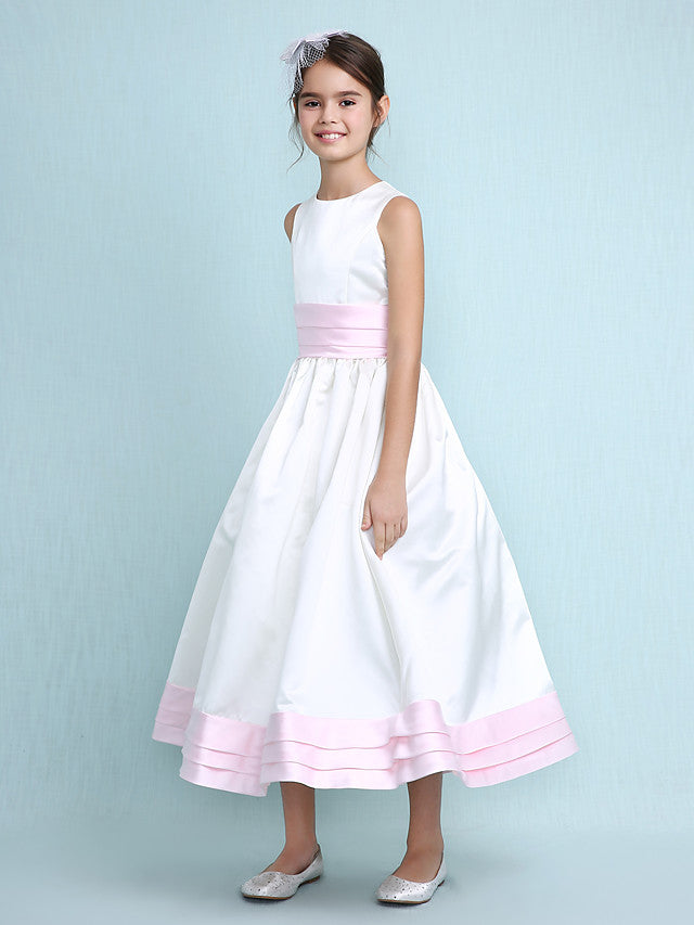 Princess A-Line Jewel Neck Satin Junior Bridesmaid Dress with Sash Ribbon Ruched Ruffles for Spring Summer Fall Winter Weddings