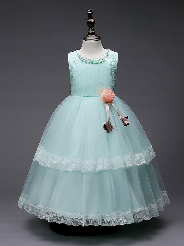 Lace Tulle Polyester Sleeveless Jewel Floor Length Flower Girl Dress With Pearls and Appliques
