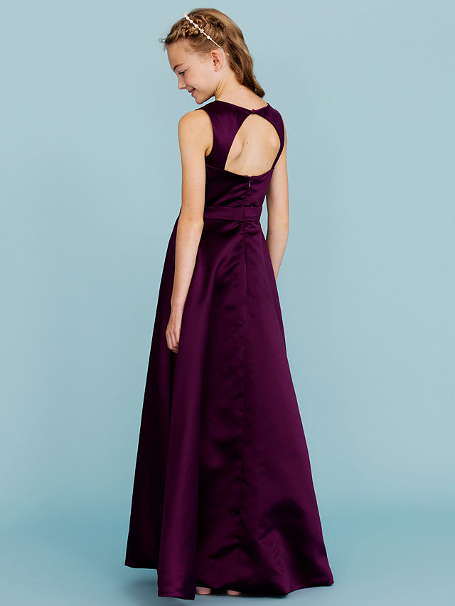 A-Line Jewel Neck Floor Length Satin Junior Flower Girl Dress with Sash for Weddings & Parties