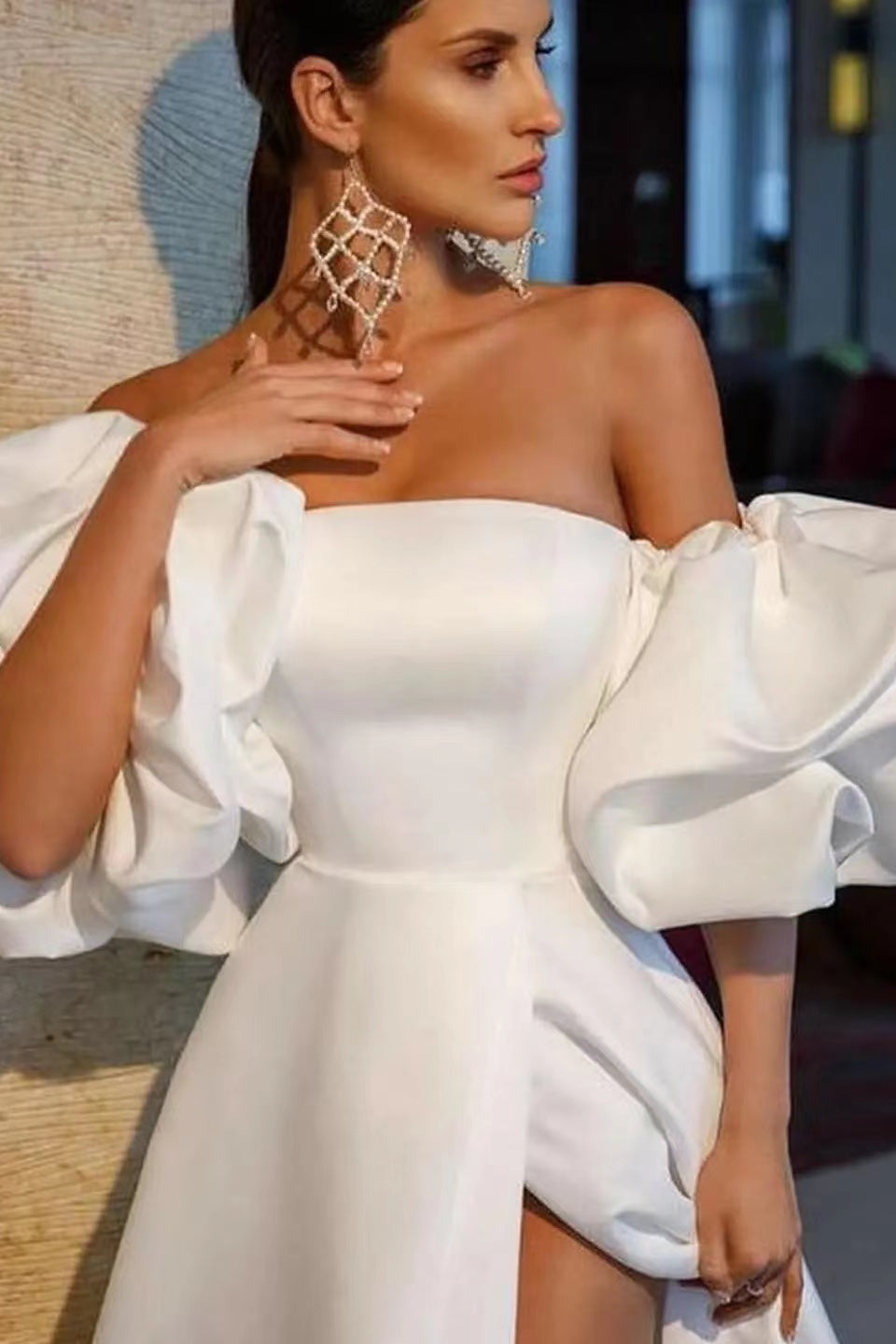 White Off-The-Shoulder Bubble Sleeves Evening Dress With Slit