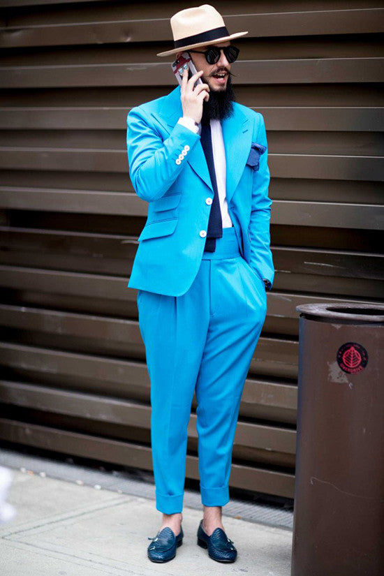 Ocean Blue Designer Wedding Suits for Men with Peaked Lapel