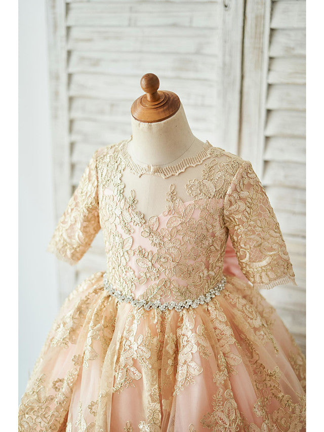 Half Sleeve Lace Neck Knee Length Jewel Ball Gown With Belt for Flower Girl Dress