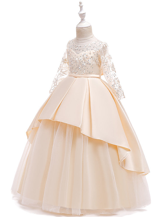 Gorgeous Long Sleeve Jewel Neck Flower Girl Dress with Tulle Satin Crystals and Lace Belt