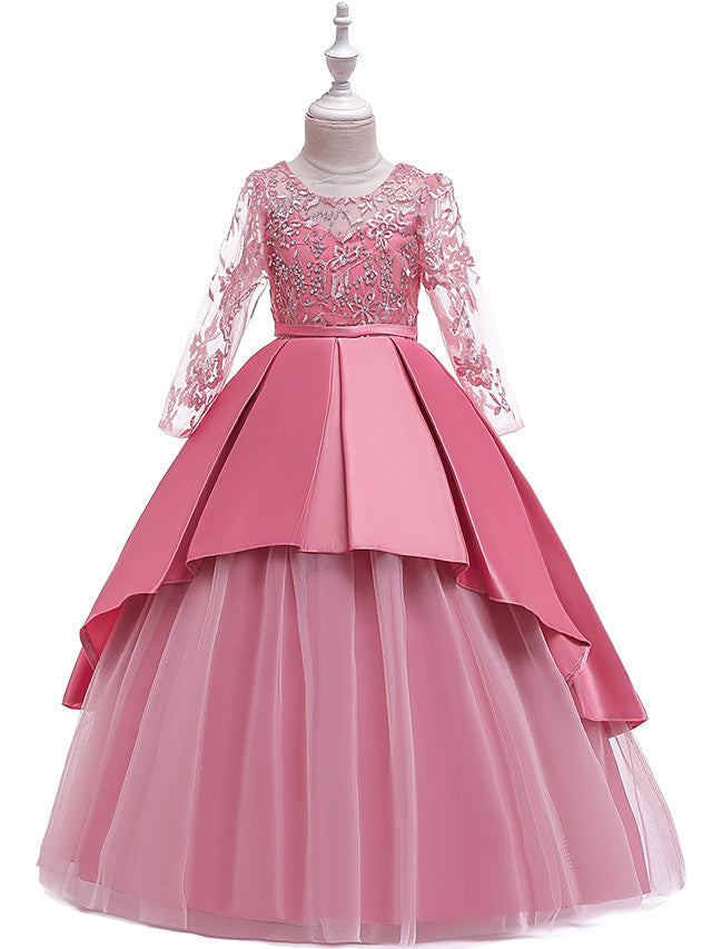 Gorgeous Long Sleeve Jewel Neck Flower Girl Dress with Tulle Satin Crystals and Lace Belt