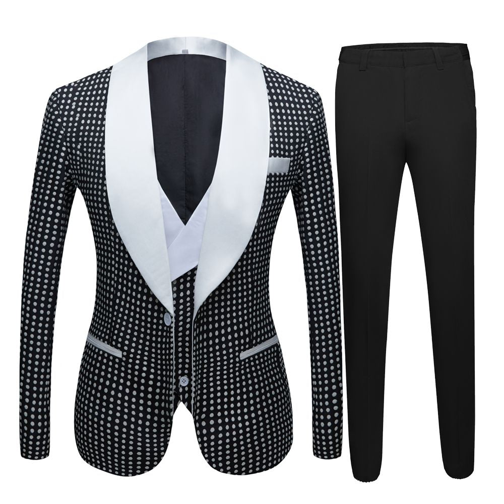 Modern Black Dot Slim Fit Shawl Lapel Wedding Suit For Men