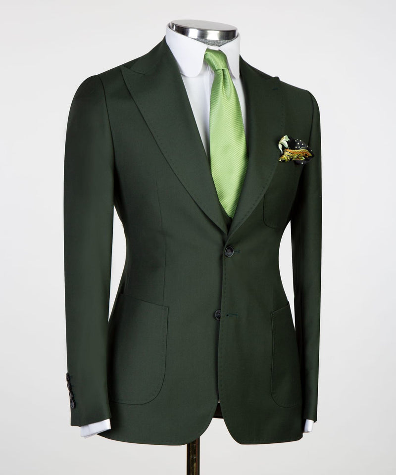 Dudley Chic Three Piece Business Suit - Dark Green Peaked Lapel