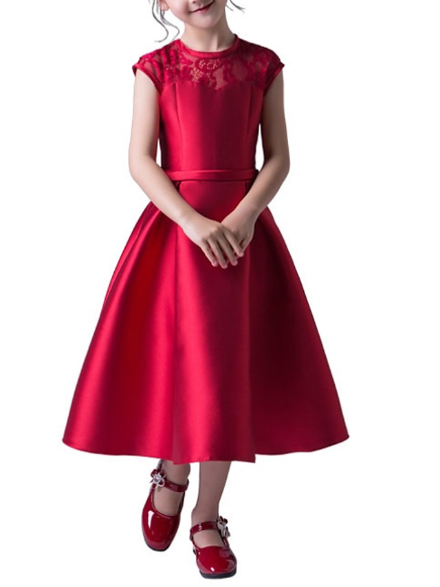A-Line Jewel Neck Ankle Length Poly&Cotton Blend Junior Flower Girl Dress With Lace