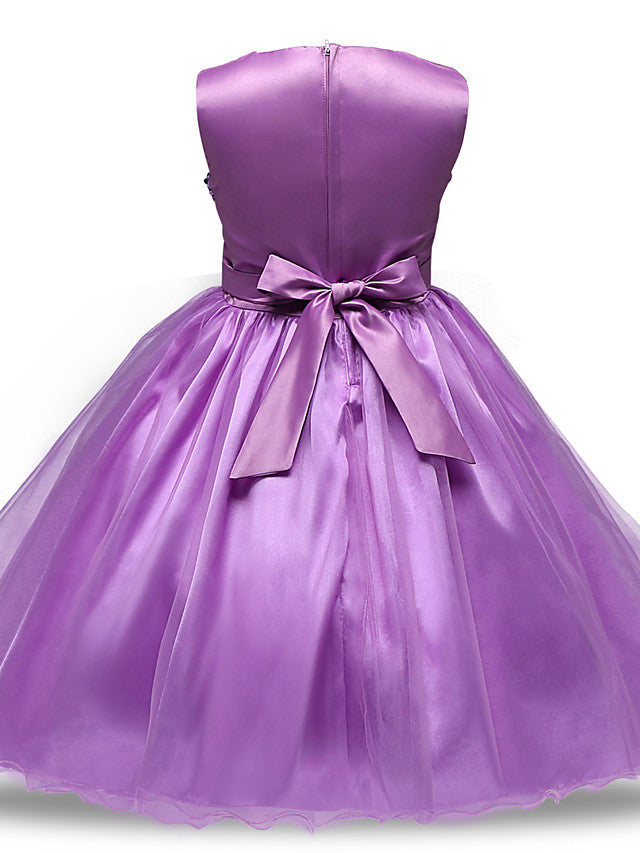 Princess Midi Dress with Tulle Sleeves Jewel Neck & Bow Applique