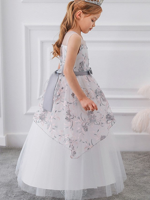 Gorgeous Sleeveless Ball Gown Flower Girl Dress with Tulle Sash Ribbon and Embroidered Bow