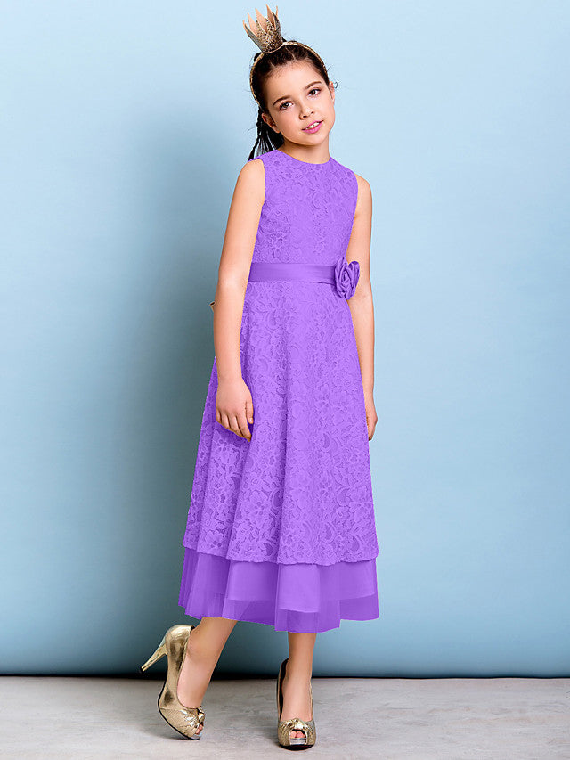 A-Line Jewel Neck Tea Length Floral Lace Junior Bridesmaid Dress with Sash & Accessories