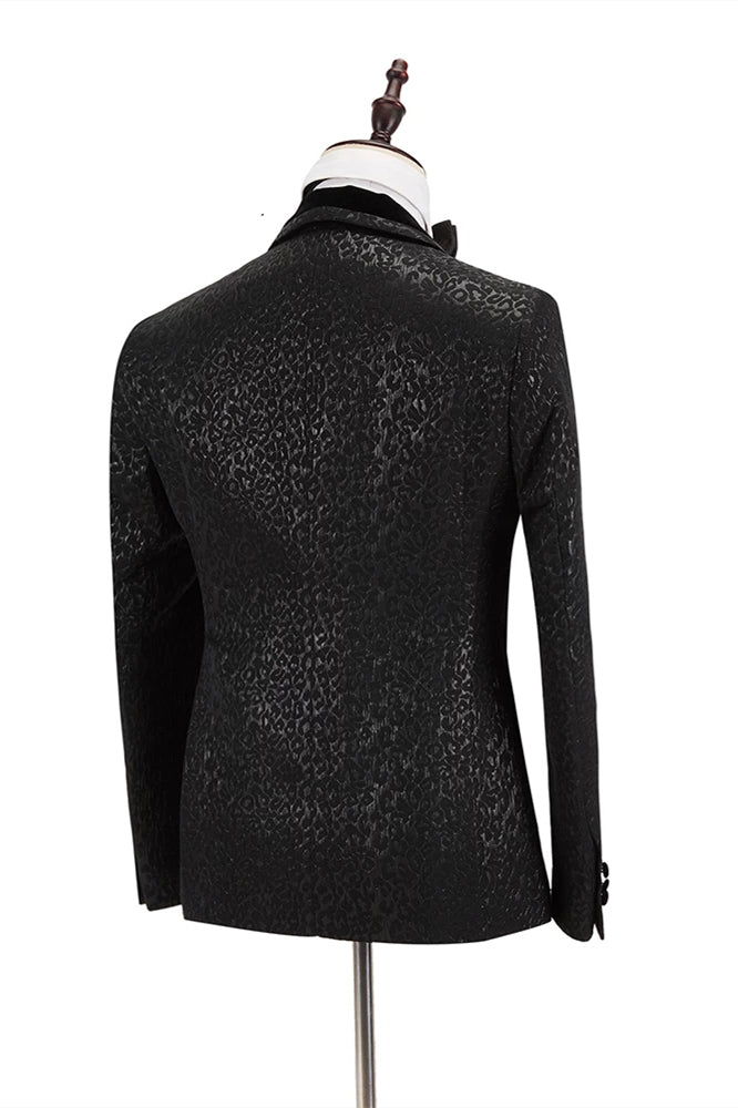 Classic Black Jacquard Velvet Lapel Belt Leopard Double Breasted Bazer for Groom