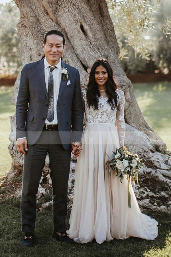 A-line Lace Long Sleeve Scoop Sweep Train Wedding Dress