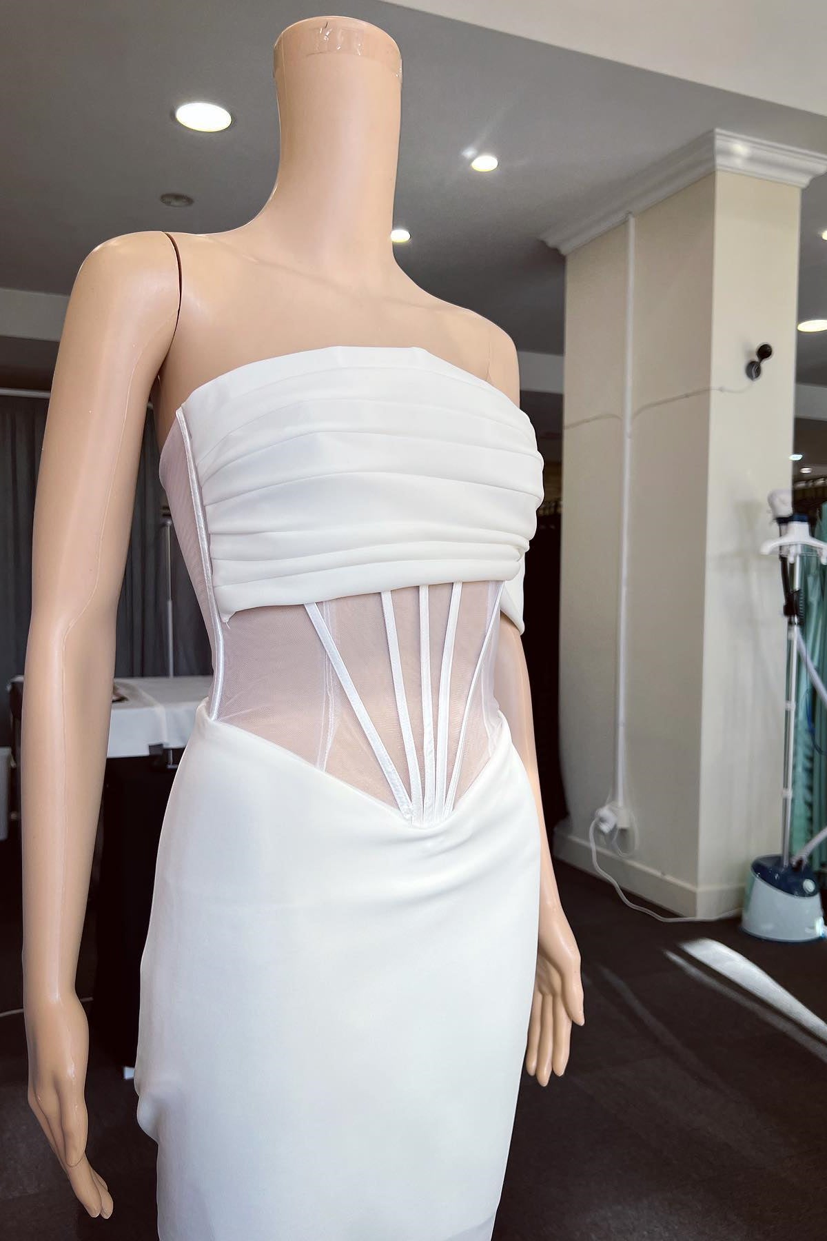 White Off-The-Shoulder Strapless Mermaid Prom Dress With Pleated Detail