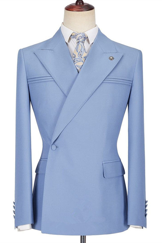 Stylish Blue Casual Prom Suit For Guys With Peaked Lapel and Ruffles