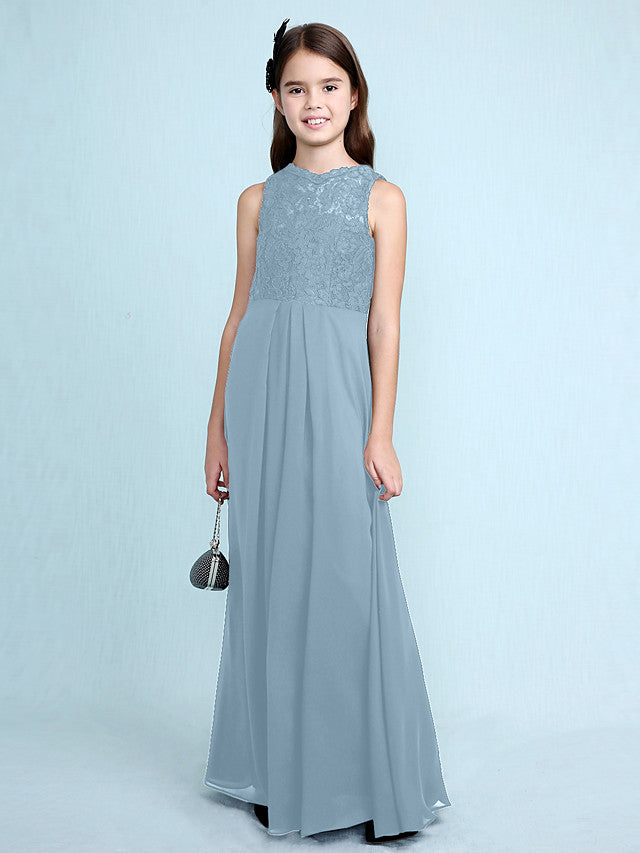 Sheath Column Scoop Neck Floor Length Chiffon & Lace Junior Bridesmaid Dress