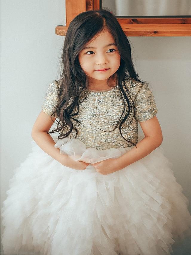 Short Sleeve Jewel Neck Flower Girl Dresses with Tulle & Paillette Sequins