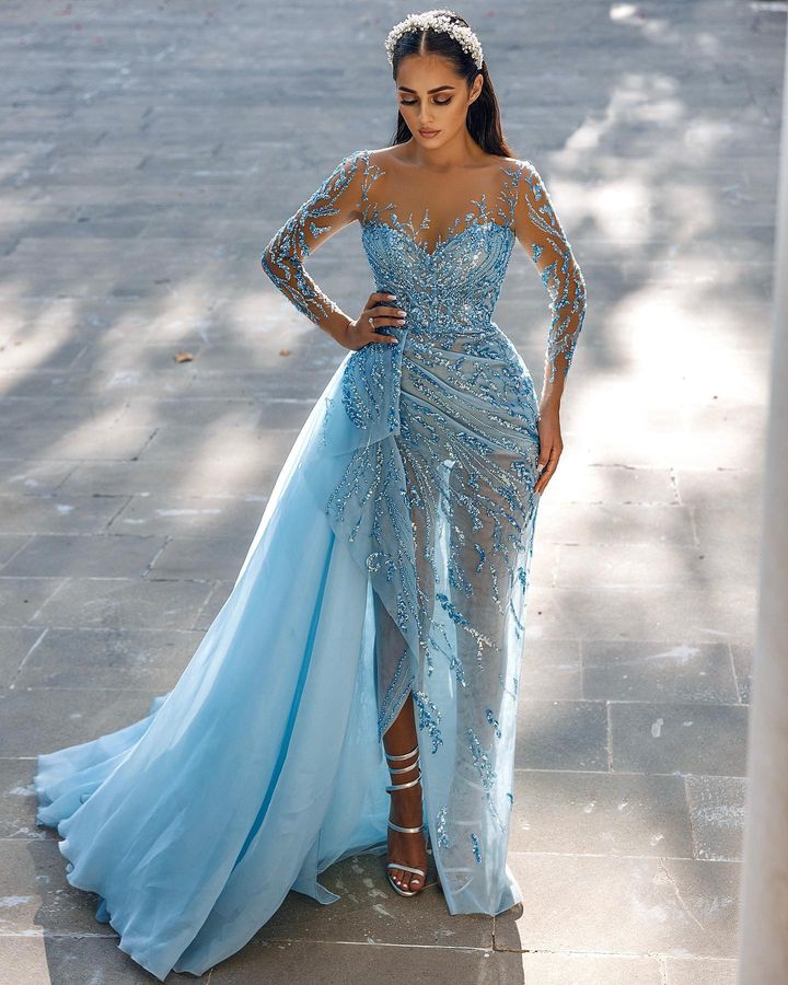 Stunning Sky Blue Long Sleeves Evening Dress with Mermaid Split and Ruffles Beads
