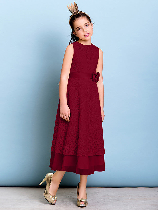 A-Line Jewel Neck Tea Length Floral Lace Junior Bridesmaid Dress with Sash & Accessories