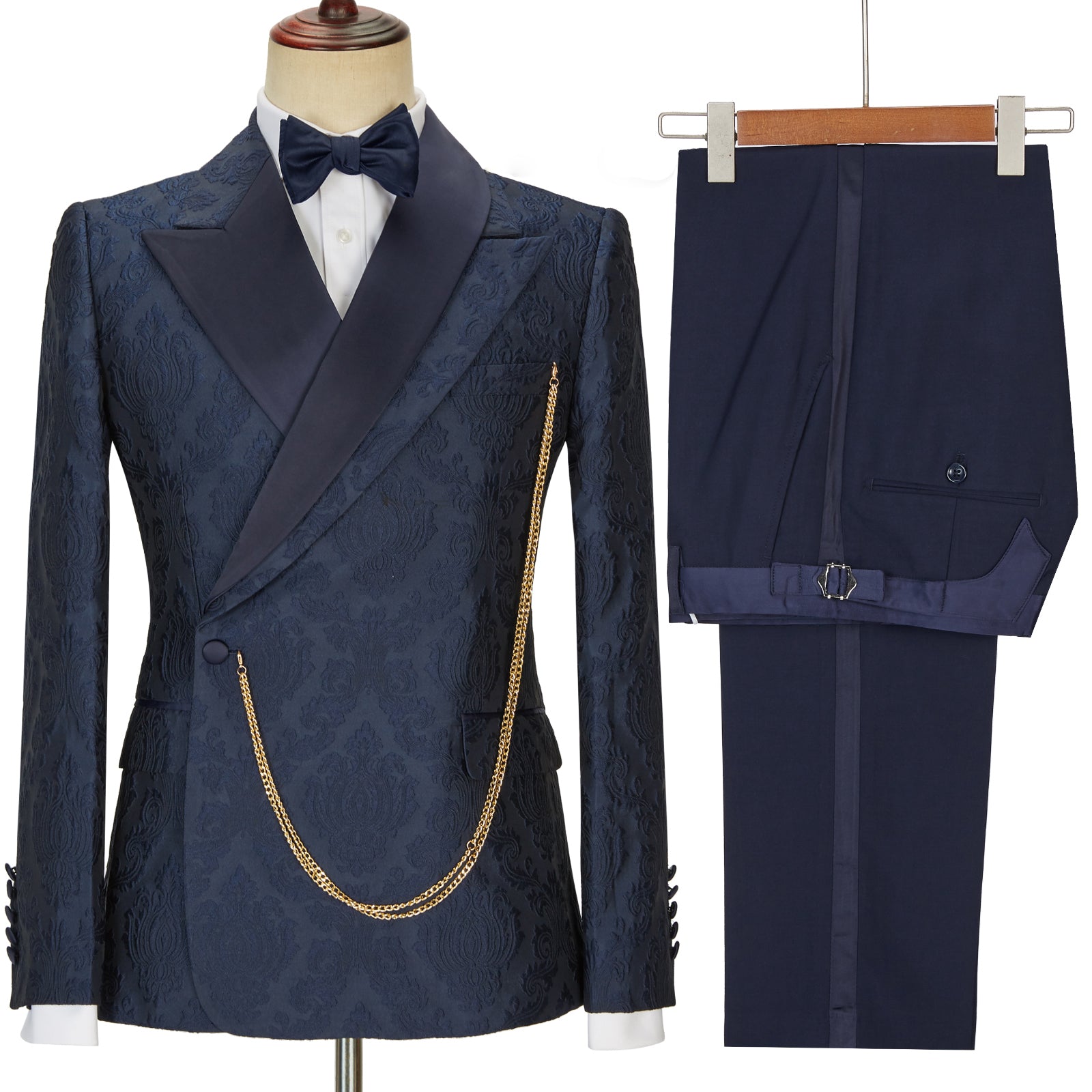 New Arrival Navy Blue Slim Fit Jacquard Peaked Lapel Wedding Suit for Men by Brandon