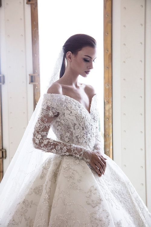 Gorgeous Off-the-Shoulder A-Line Wedding Dress with Sweetheart Neckline, Long Sleeves, and Appliques Lace Crystal