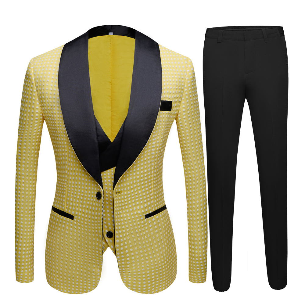 Unique Yellow Dot Shawl Lapel Slim Fit Wedding Suit for Men