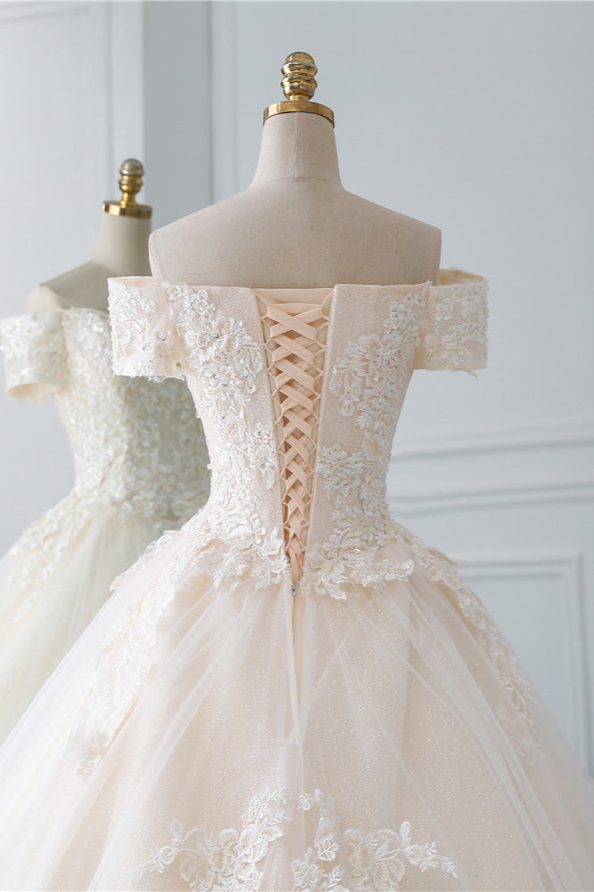 Long Princess Off-the-Shoulder Tulle Wedding Dress With Appliques Lace