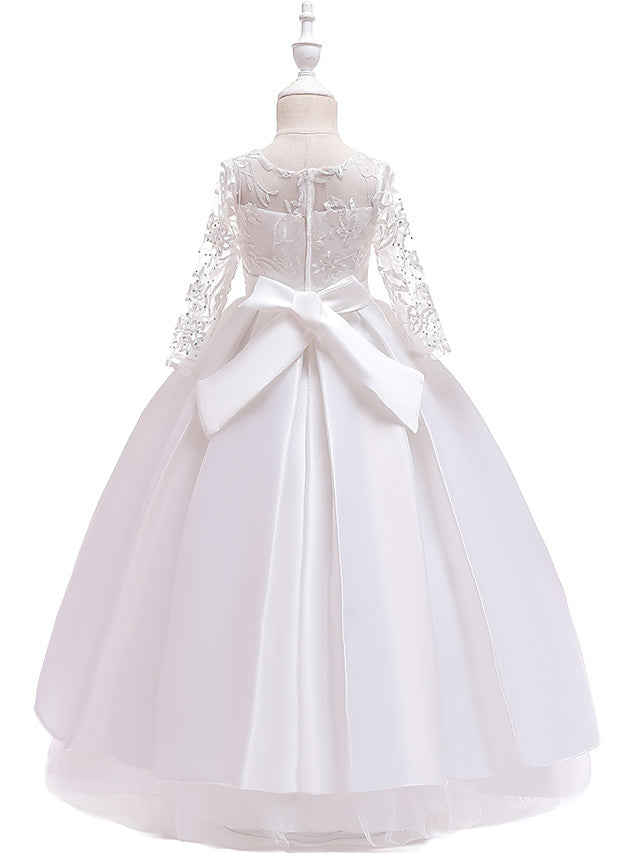 Gorgeous Long Sleeve Jewel Neck Flower Girl Dress with Tulle Satin Crystals and Lace Belt