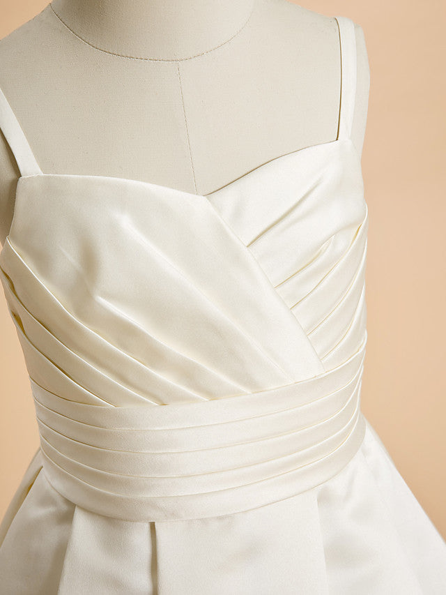 Satin A-Line Flower Girl Dress with Sleeveless Spaghetti Strap and Sash Ribbon
