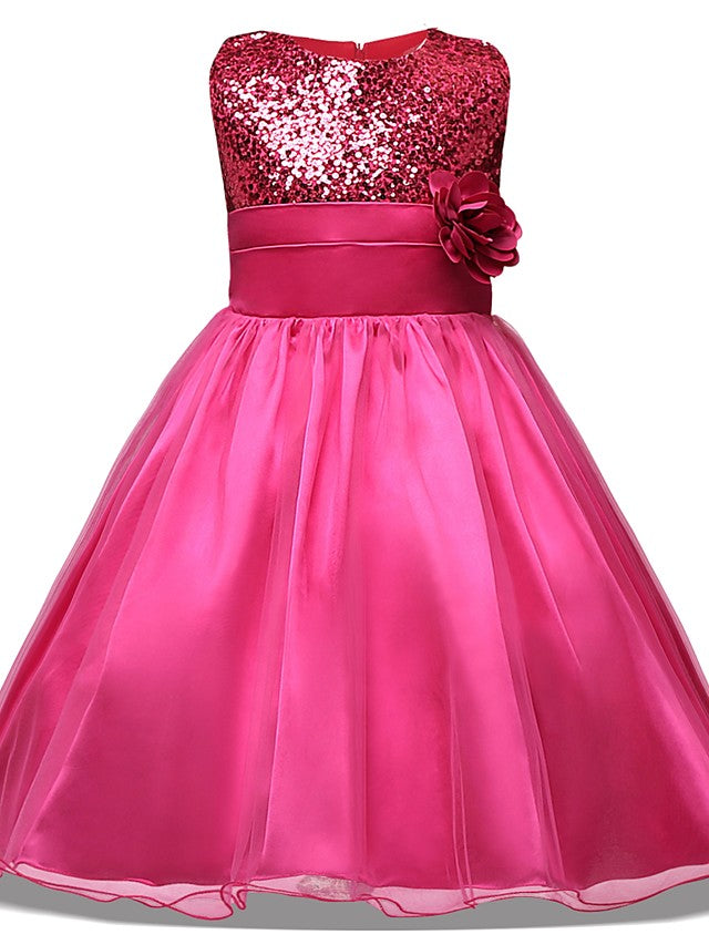 Princess Midi Dress with Tulle Sleeves Jewel Neck & Bow Applique