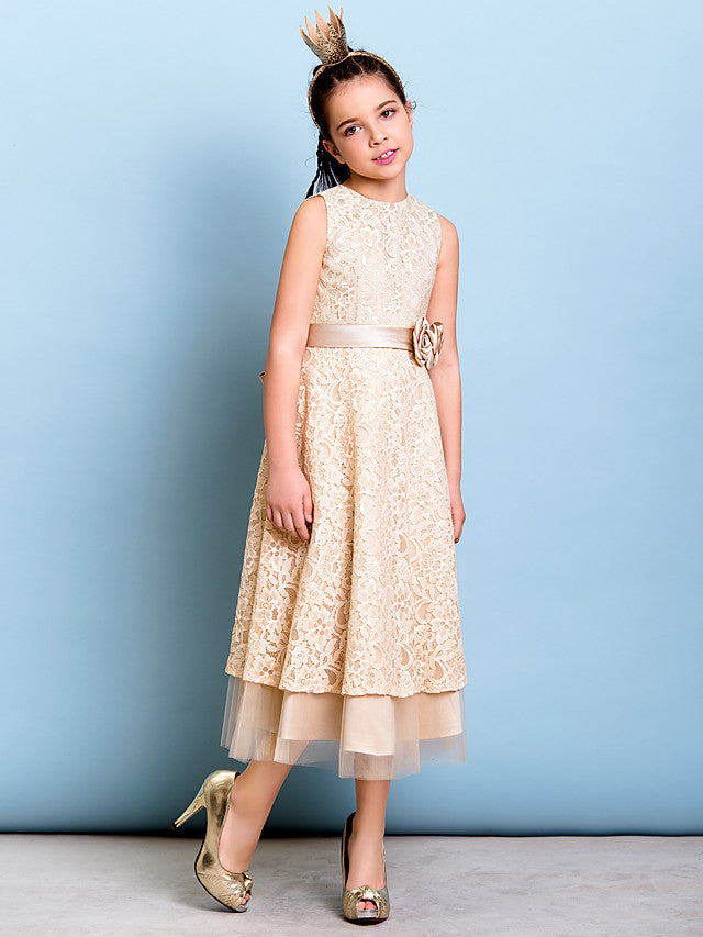 A-Line Jewel Neck Tea Length Floral Lace Junior Bridesmaid Dress with Sash & Accessories