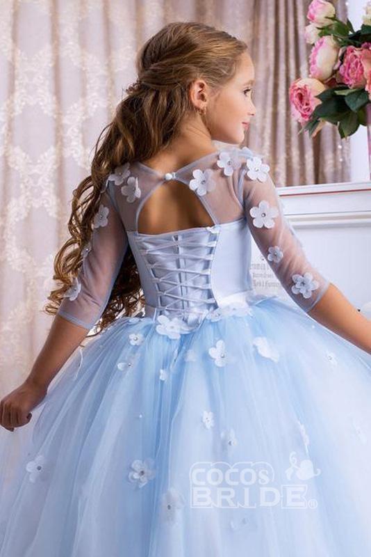Light Blue Ball Gown Flower Girls Dress with Scoop Neck 3/4 Sleeves