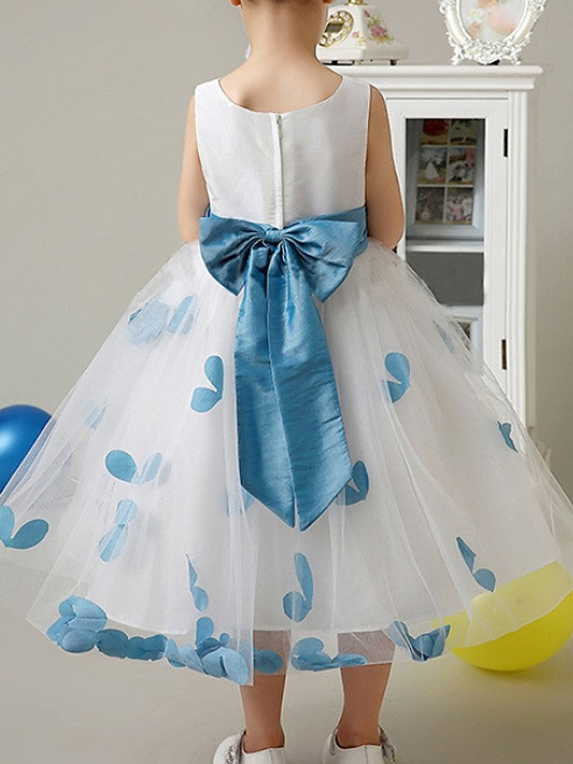 A-Line Sleeveless Scoop Neck Flower Girl Dresses with Bow Pattern Print Appliques